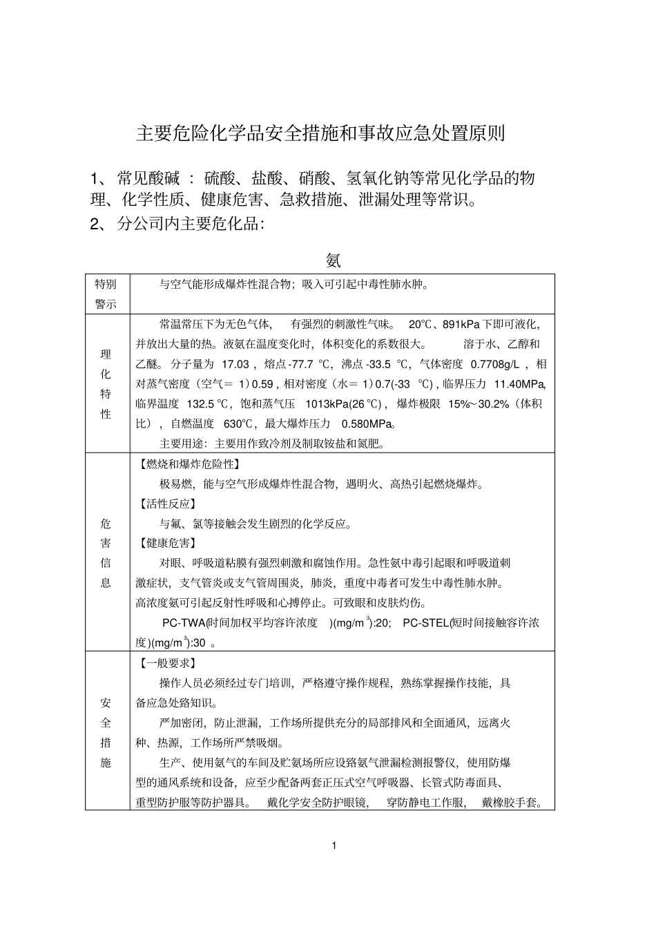 主要危险化学品安全措施和事故应急处置原则剖析_第1页