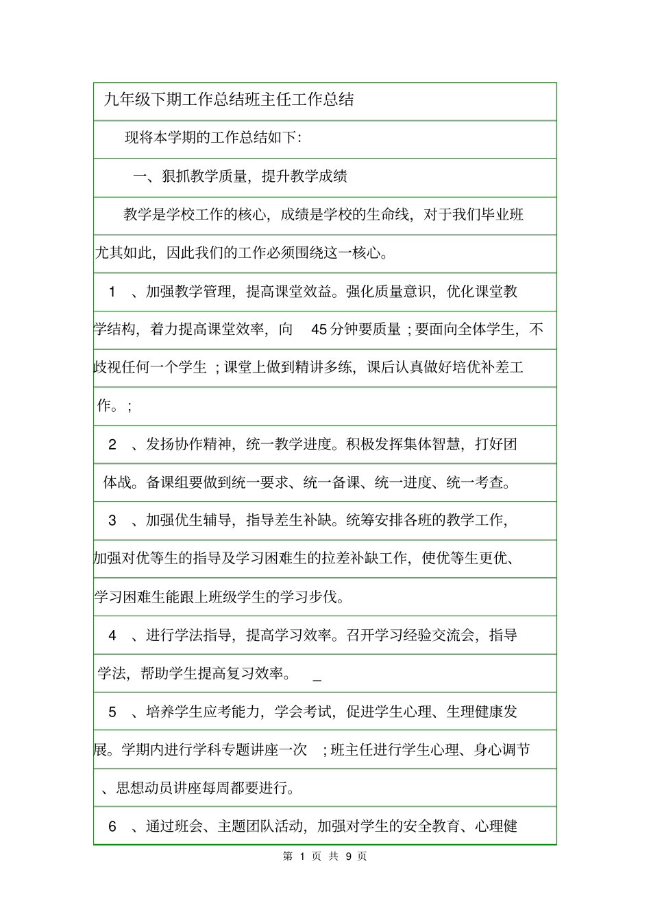 九年级下期工作总结班主任工作总结_第1页