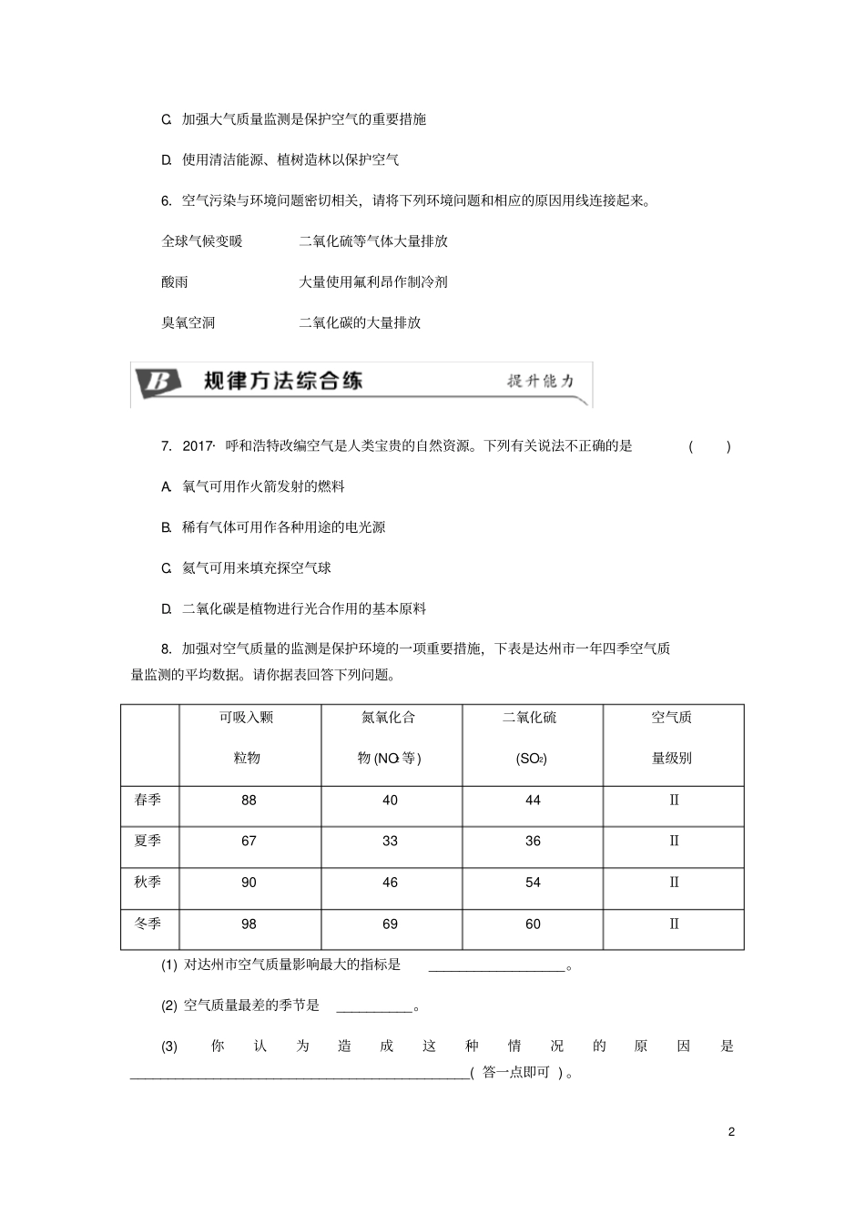 九年级化学上册2空气是一种宝贵的资源保护空气同步练习新版新人教版_第2页