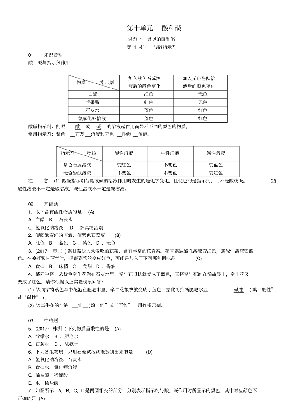 九年级化学下册酸和碱课题1常见的酸和碱同步测试含18年真题新版新人教版_第1页