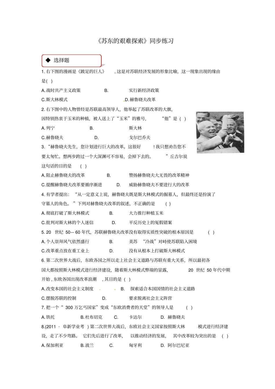 九年级历史两极下的竞争12苏东的艰难探索同步练习含解析北师大版_第1页