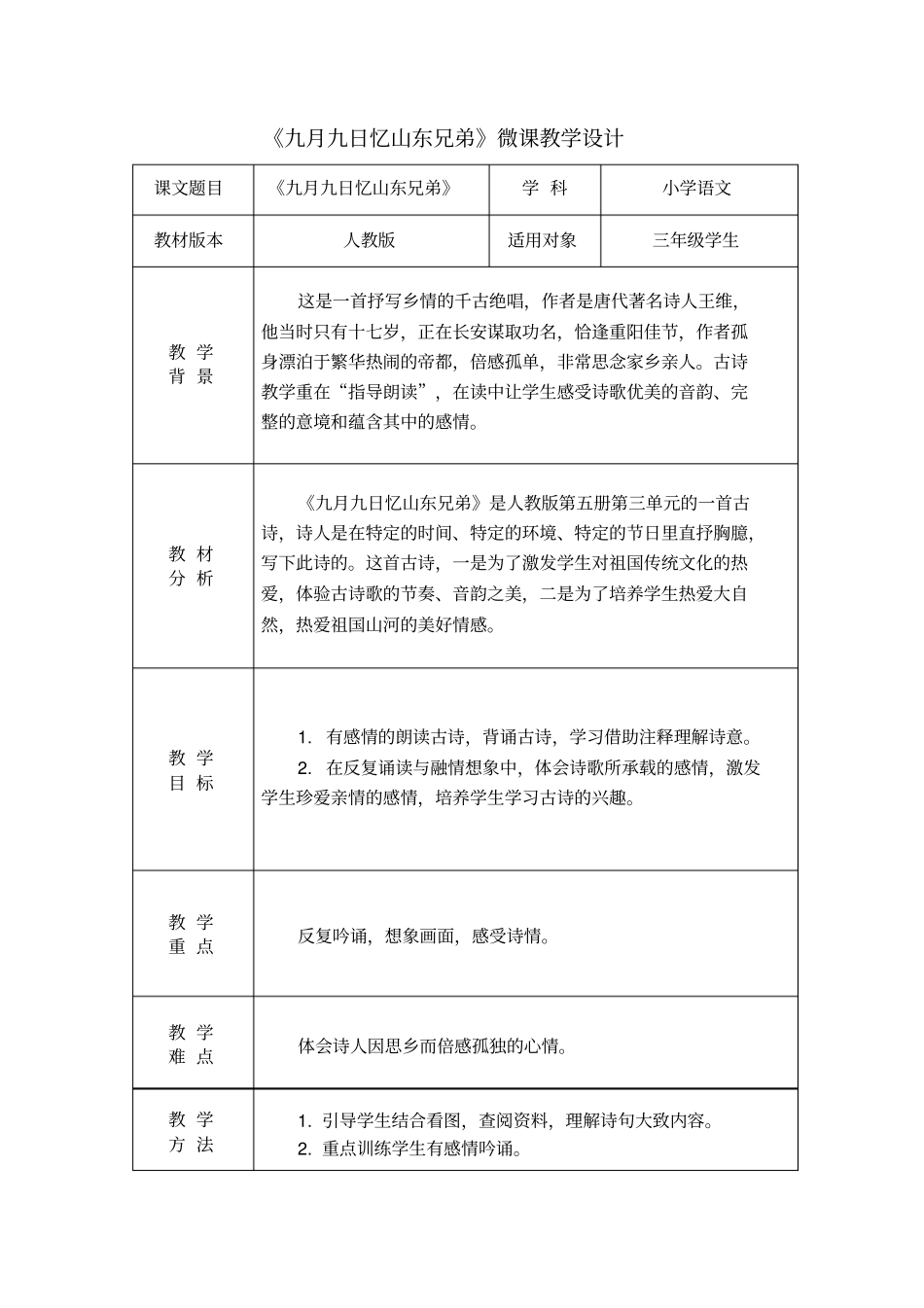 九月九日忆山东兄弟微课教学设计_第1页