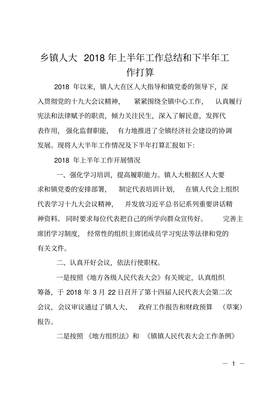 乡镇人大2018年上半年工作总结和下半年工作打算_第1页