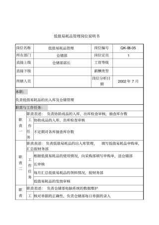 乾坤木业公司低值易耗品管理岗位说明书