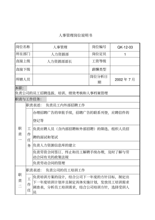 乾坤木业公司人力资源部人事管理岗位说明书
