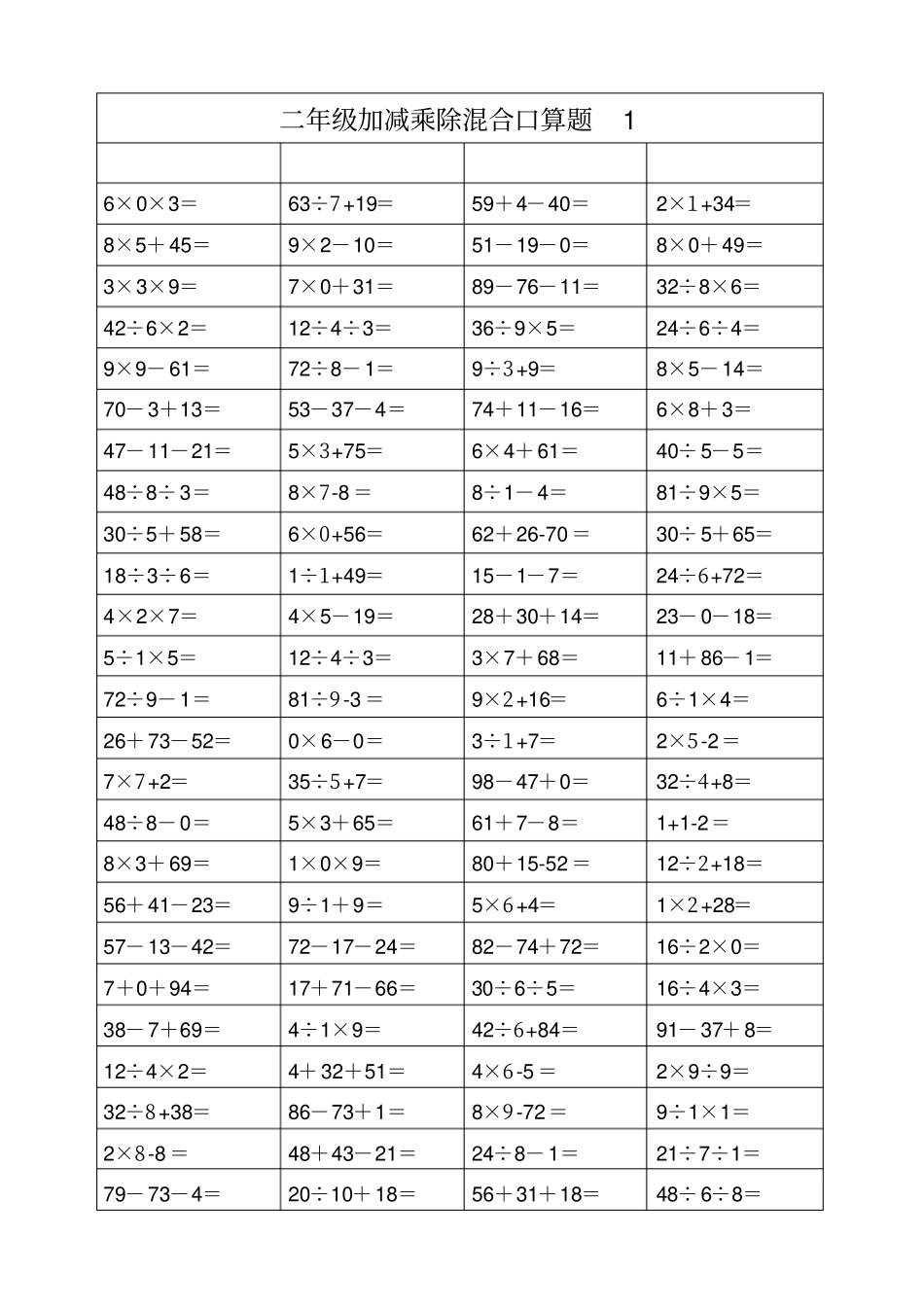 二年级上册加减乘除混合口算_第1页