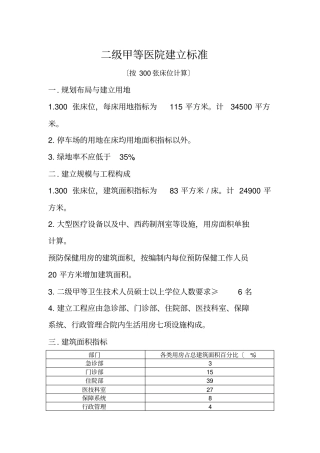 二级甲等医院建设标准