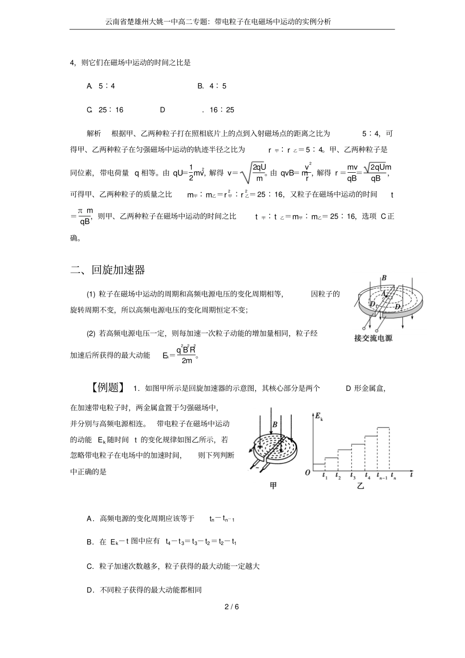 云南楚雄州大姚一中高二专题：带电粒子在电磁场中运动的实例分析_第2页