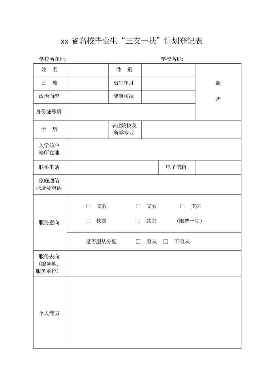 云南高校毕业生三支一扶计划登记表_第1页