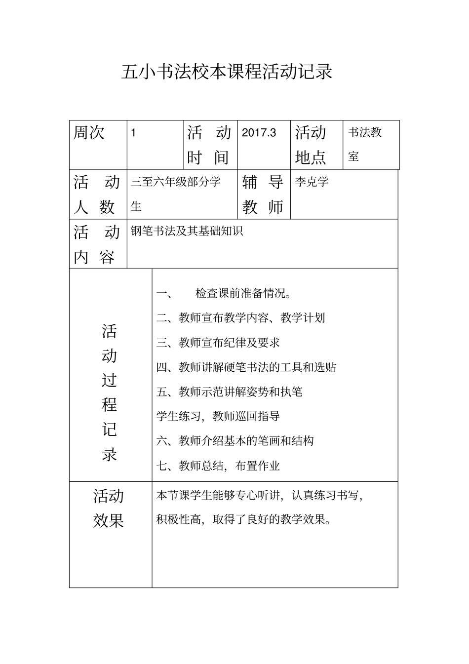五小书法校本课程活动记录_第1页