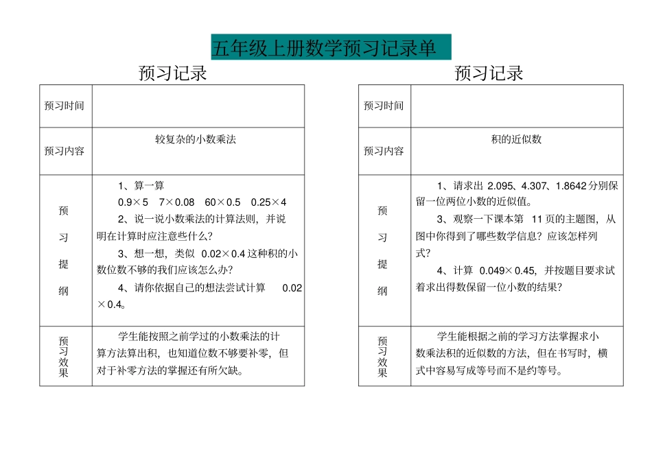五年级上册数学预习记录单_第2页