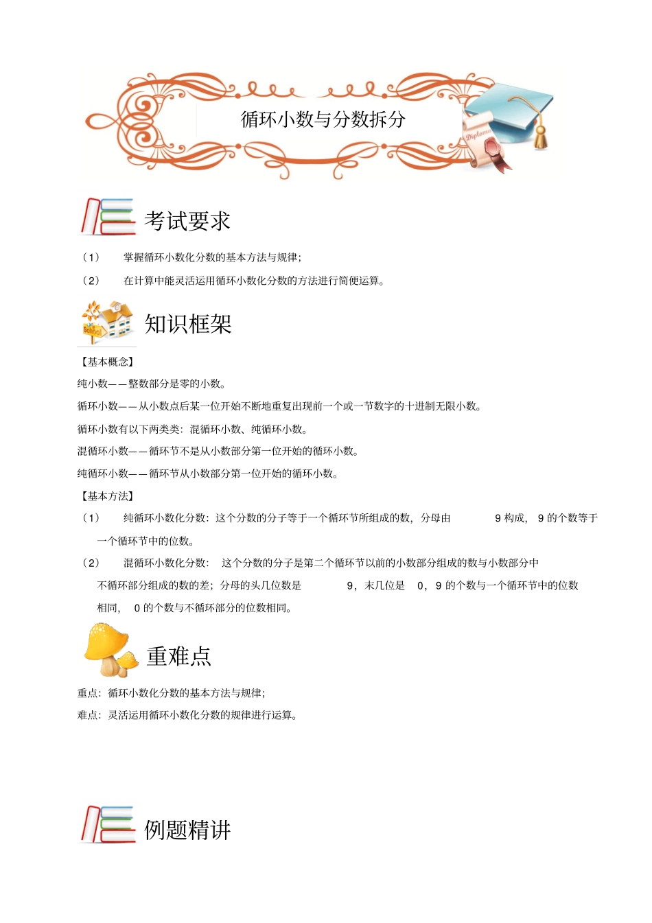 五年级下册数学扩展专题练习：计算综合循环小数与分数分拆ABC级全国通用_第1页