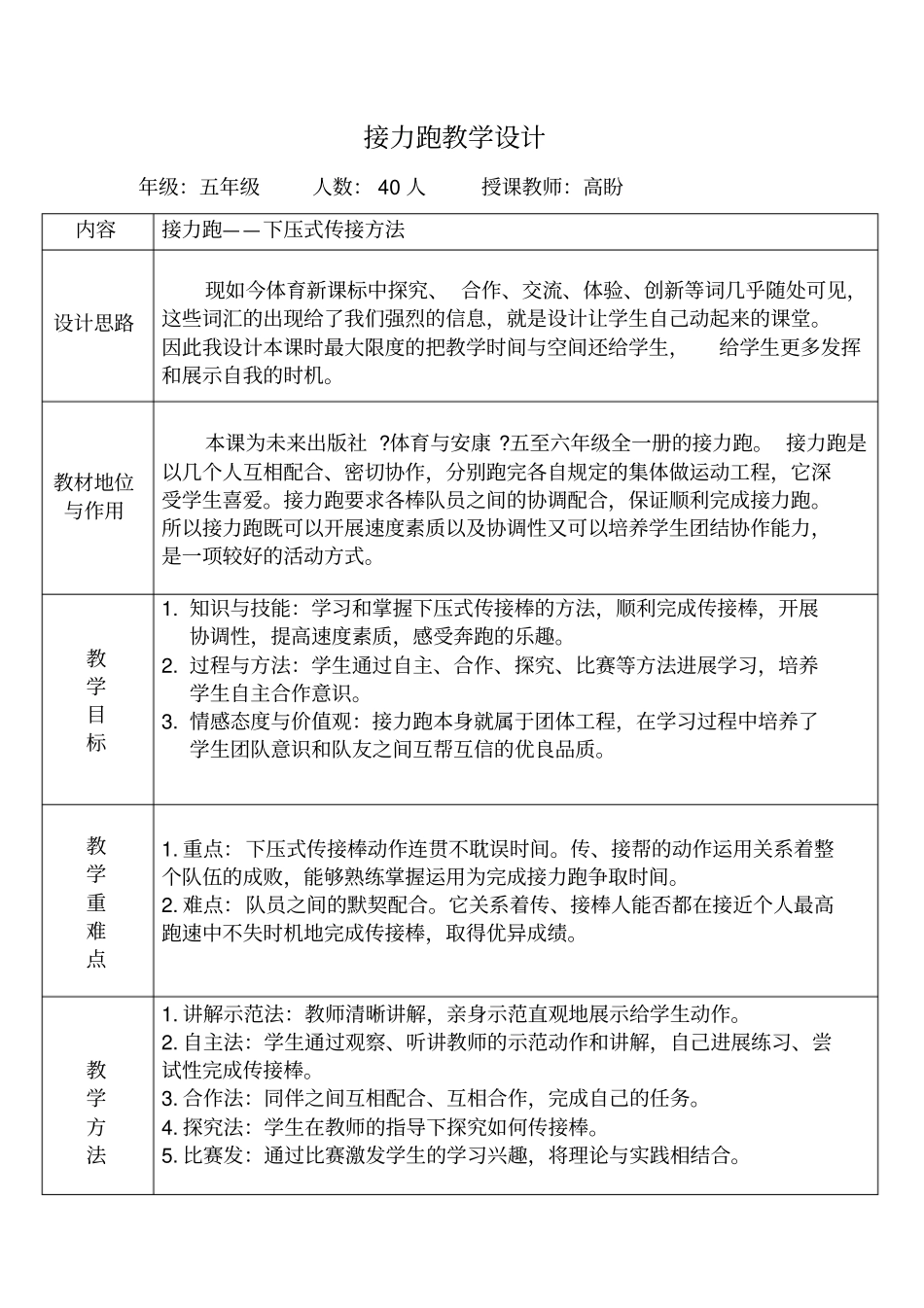 五年级接力跑教学设计_第1页