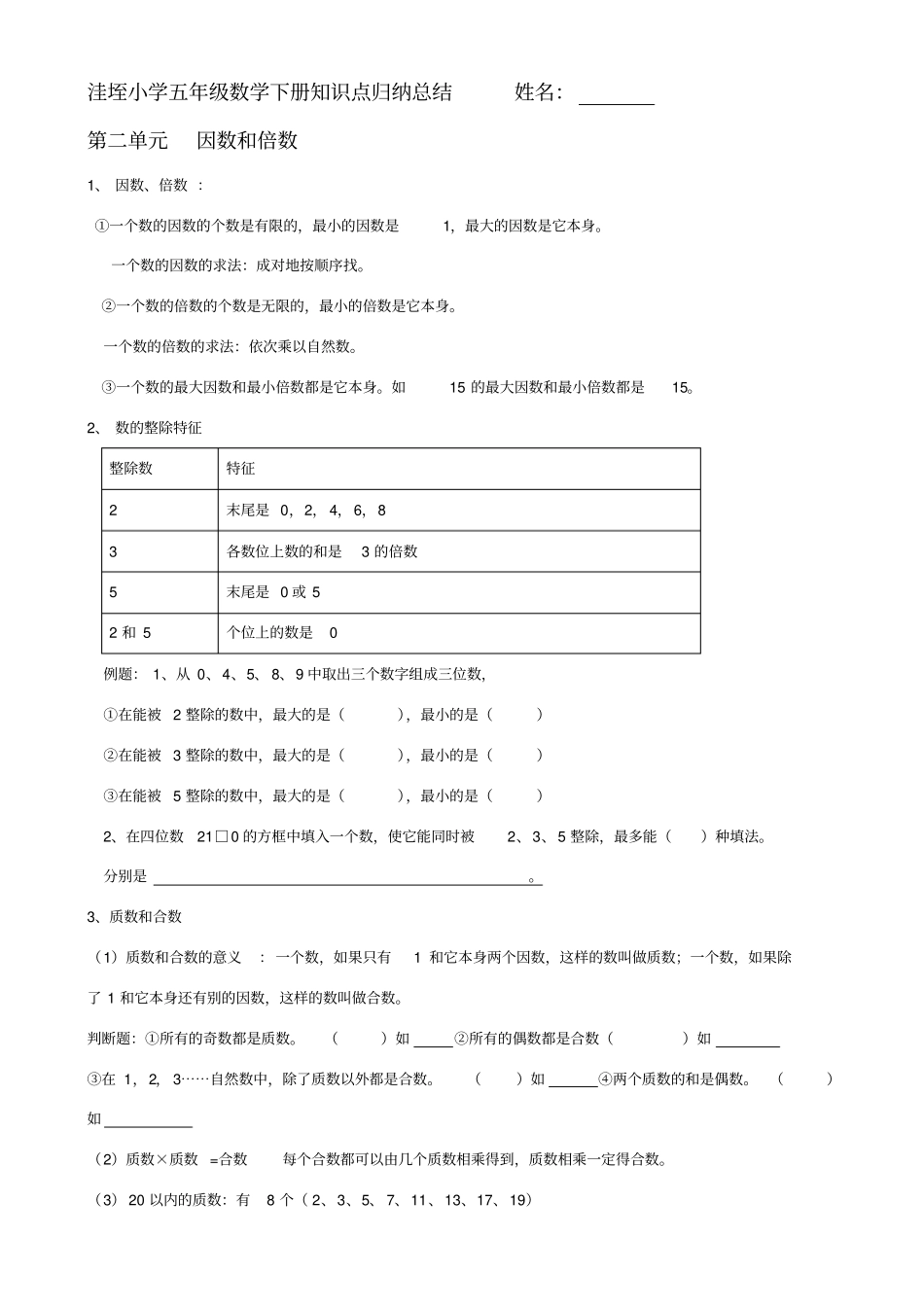 五年级数学下册知识点归纳及常见题型_第1页