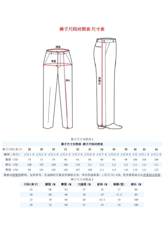 裤子尺码对照表 尺寸表 尺码对照表