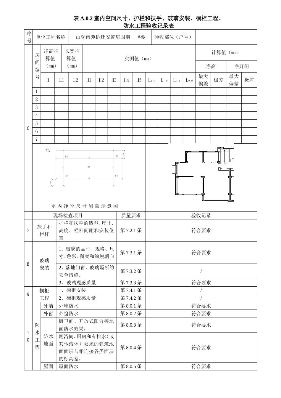 室内净高、开间净尺寸抽测表 附表四(新)_第1页
