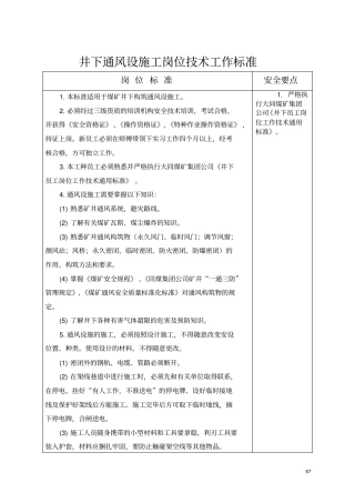 井下通风设施工岗位技术工作标准