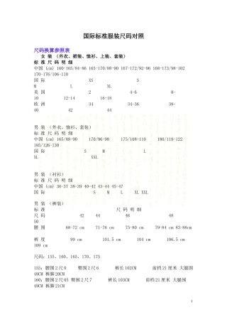国际标准服装尺码对照表