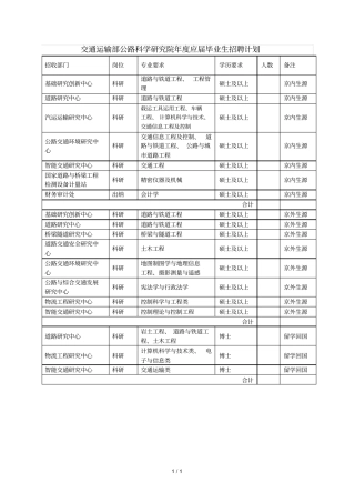交通运输部公路科学研究院2019年应届毕业生招聘计划