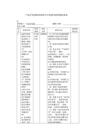 产品开发部研发部设计开发部内部审核检查表