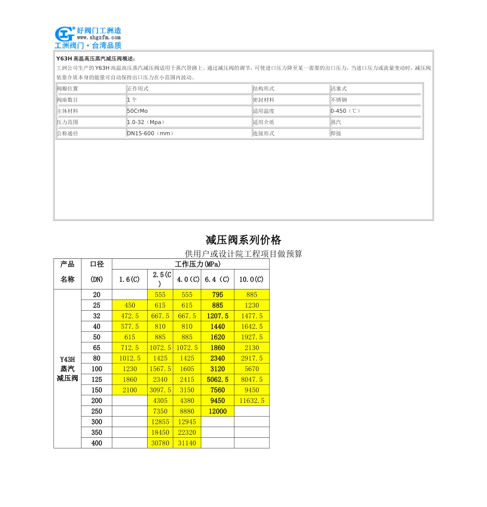 高温高压蒸汽减压阀-Y63H高温高压蒸汽减压阀_第2页