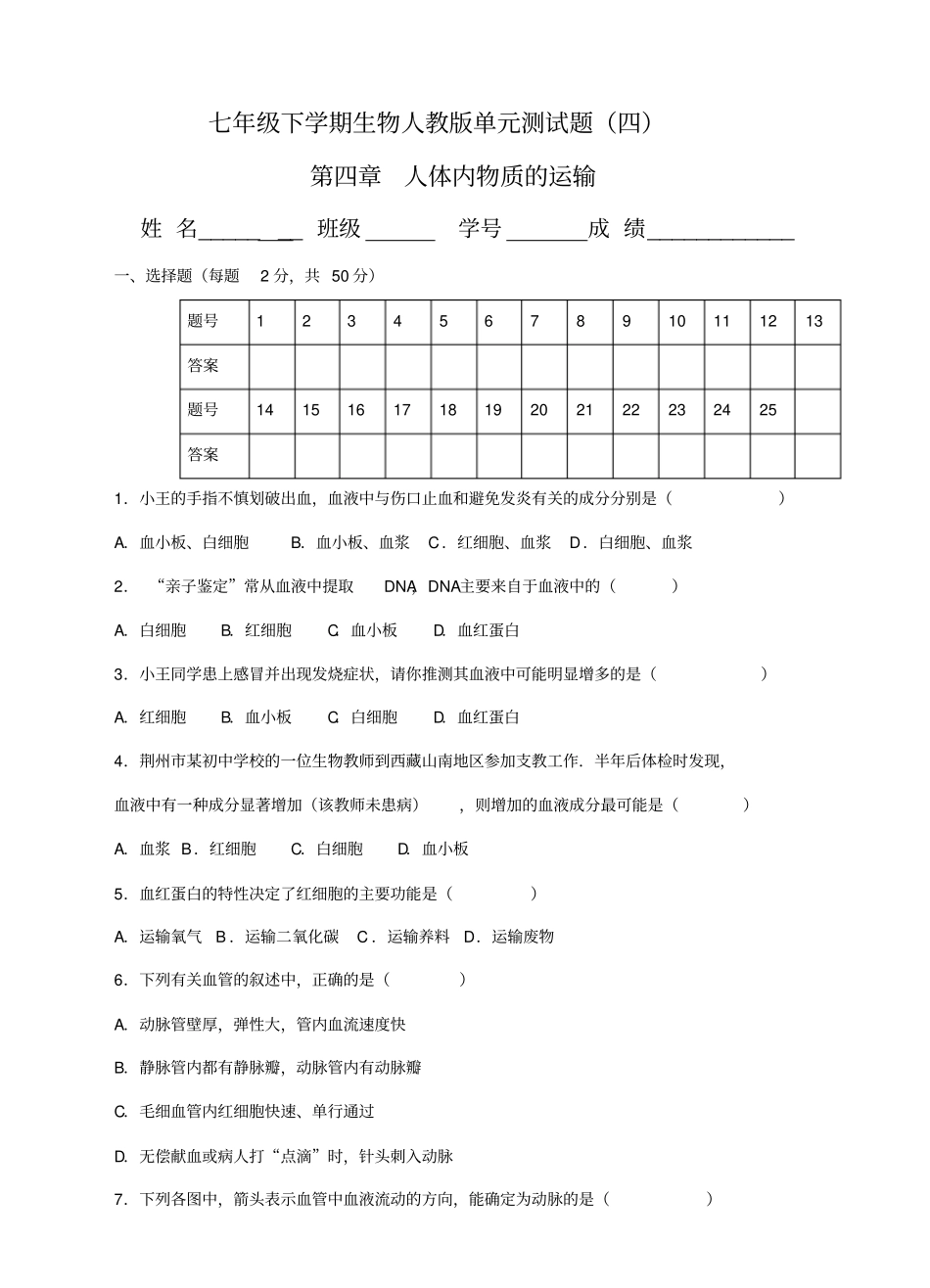 人体内物质的运输测试题含答案_第1页