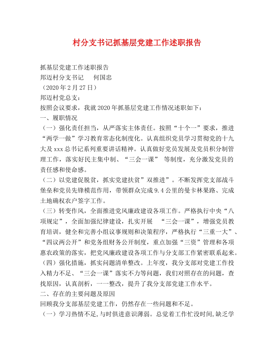 村分支书记抓基层党建工作述职报告 _第1页