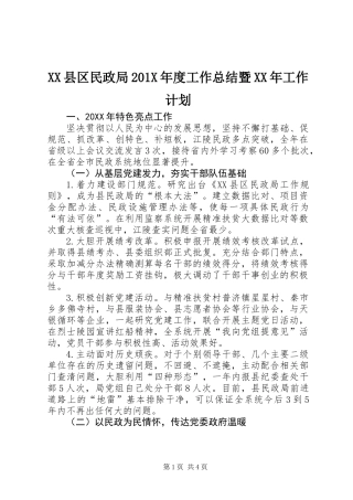 XX县区民政局201X年度工作总结暨XX年工作计划
