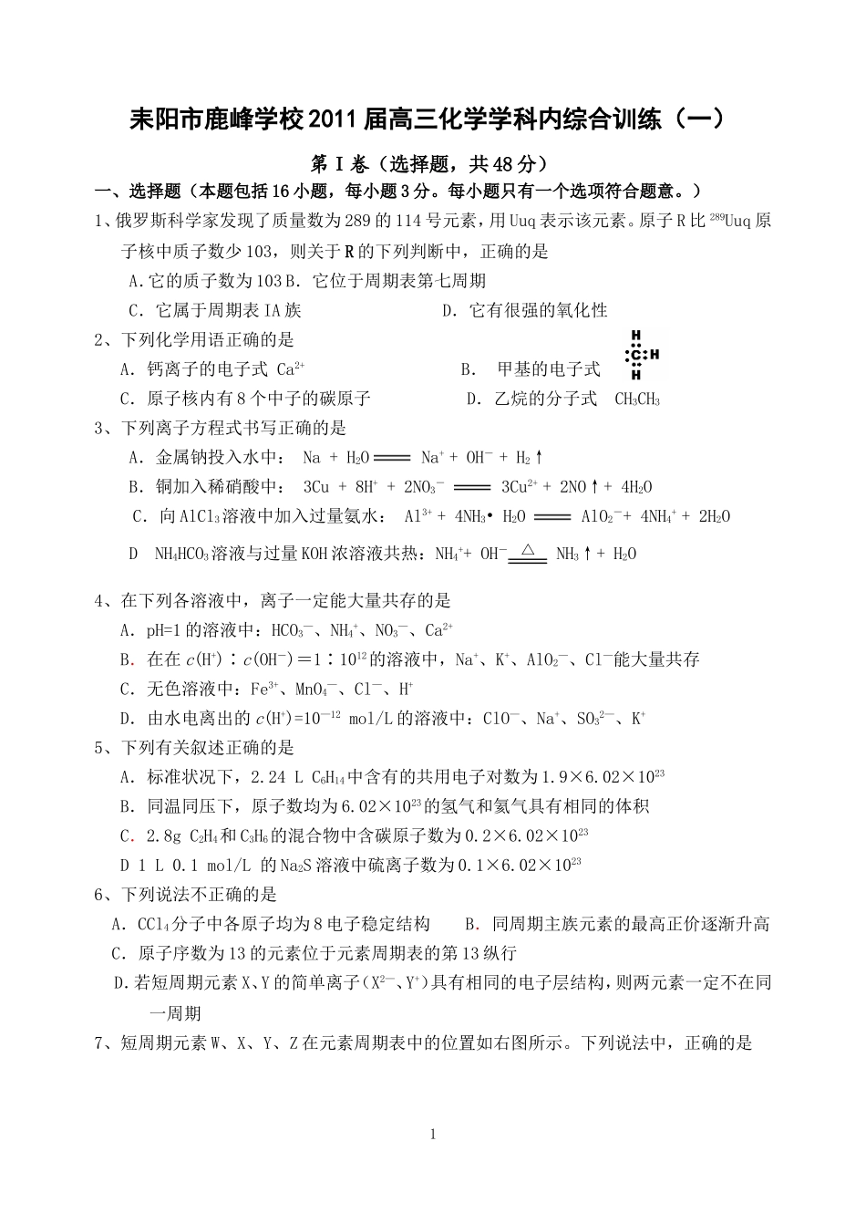 耒阳市鹿峰学校2011届高三化学学科内综合训练1_第1页