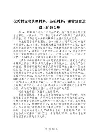 优秀村支书典型材料，经验材料：脱贫致富道路上的领头雁