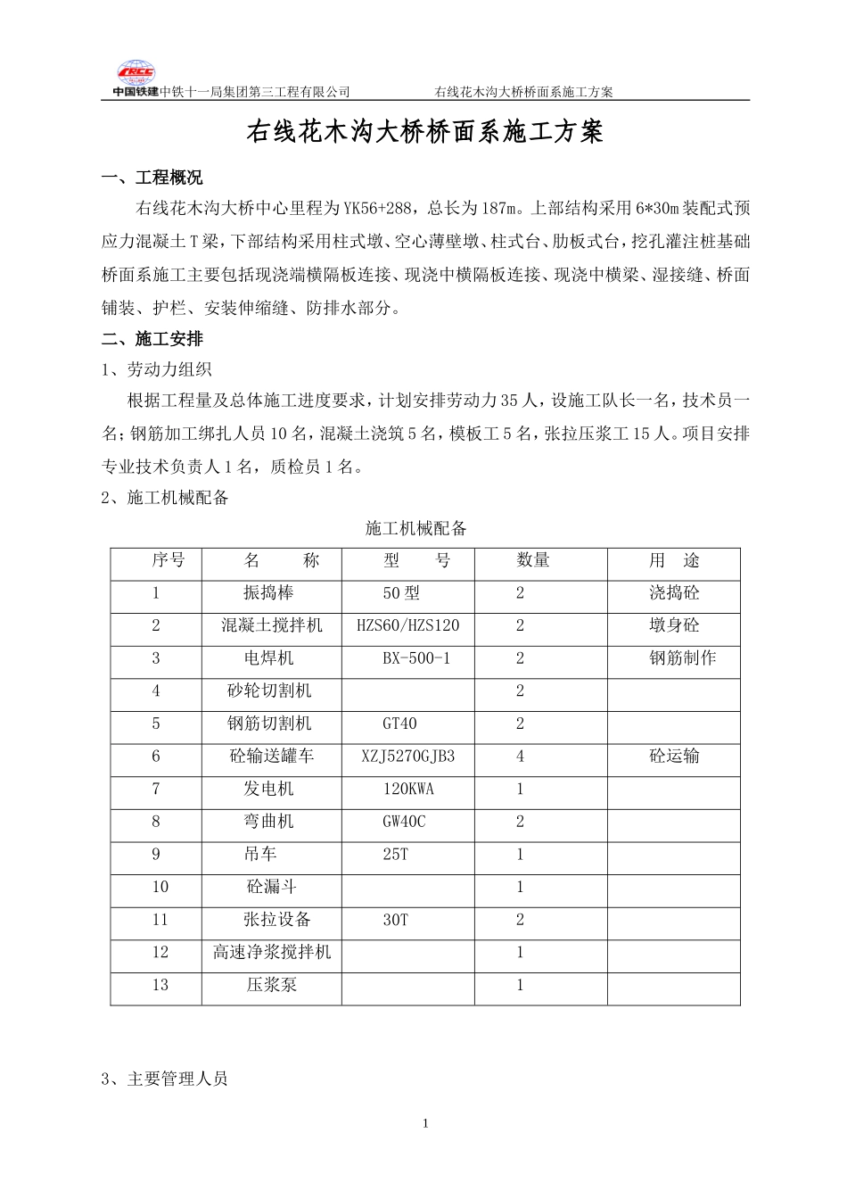 右线花木沟大桥桥面系施工方案_第1页