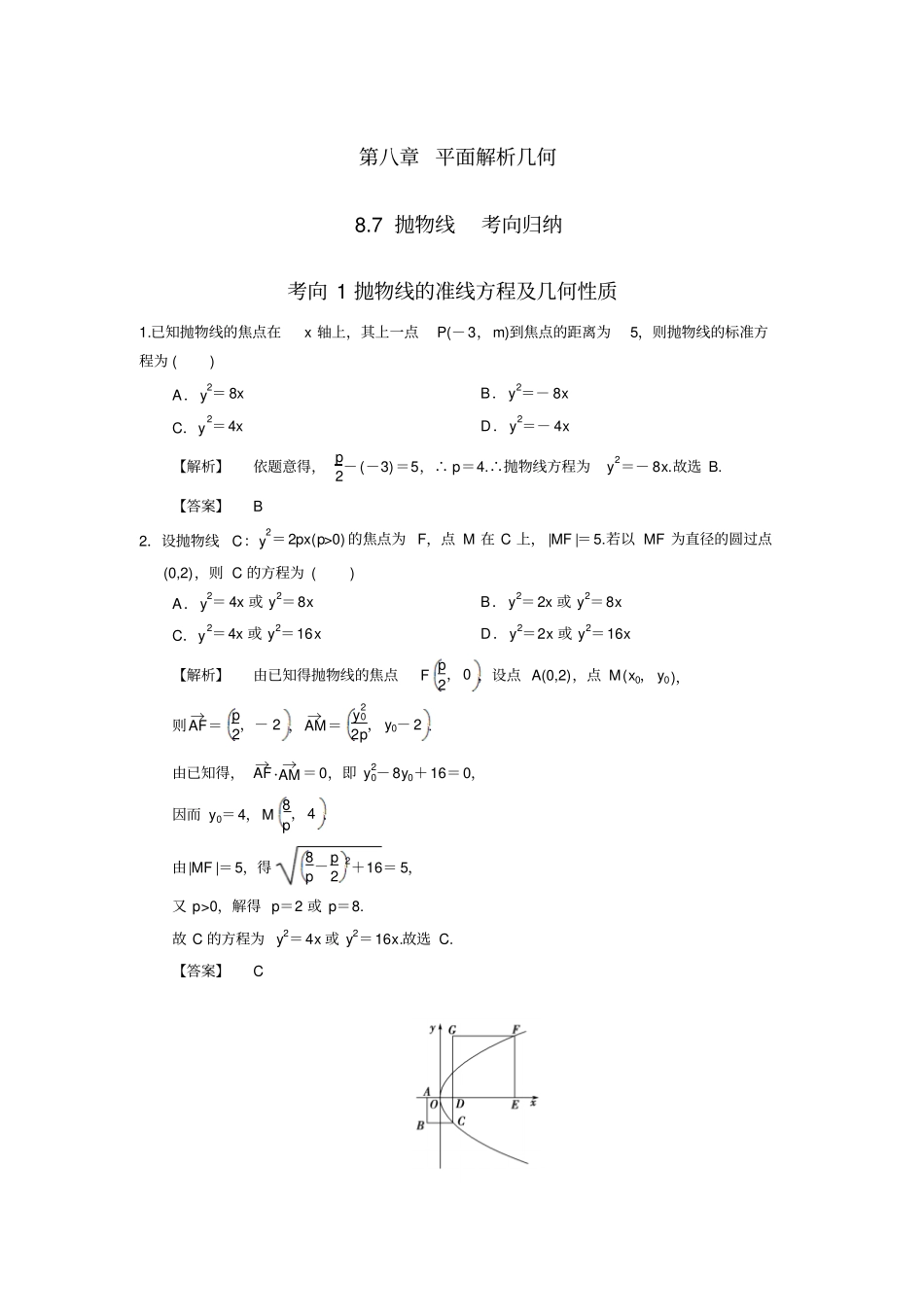 人教A版高中数学高三一轮平面解析几何87抛物线【素材】考向归纳_第1页
