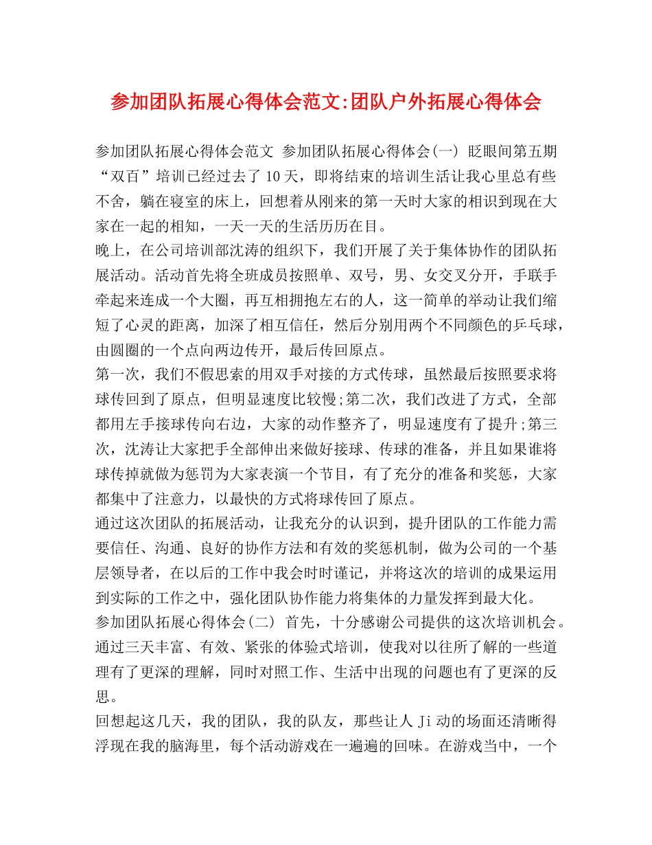 参加团队拓展心得体会范文-团队户外拓展心得体会 _第1页