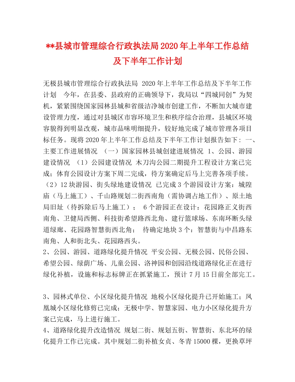 --县城市管理综合行政执法局2024年上半年工作总结及下半年工作计划 _第1页