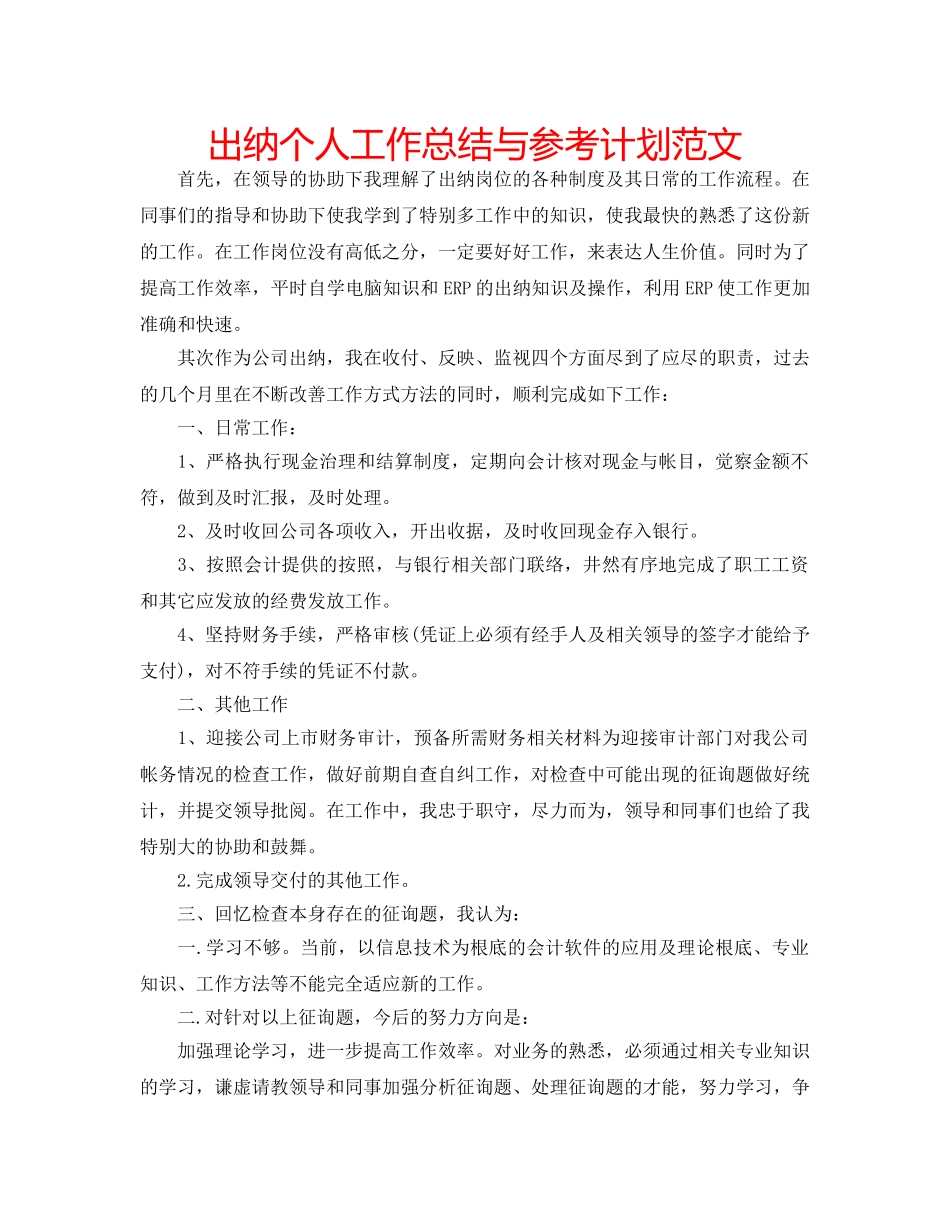 出纳个人工作总结与参考计划范文 _第1页