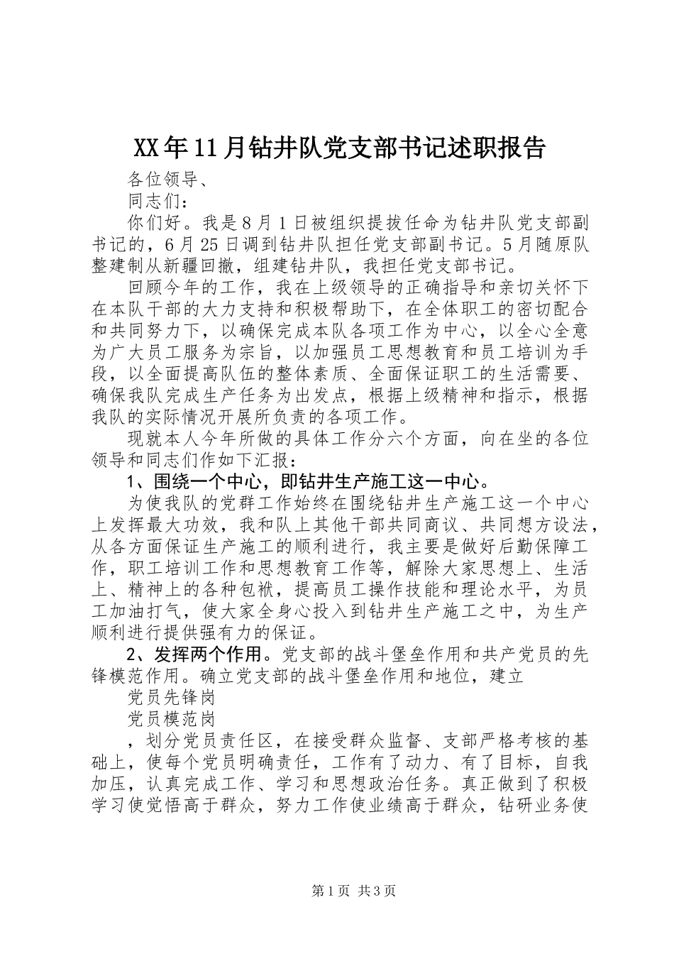 XX年11月钻井队党支部书记述职报告_第1页