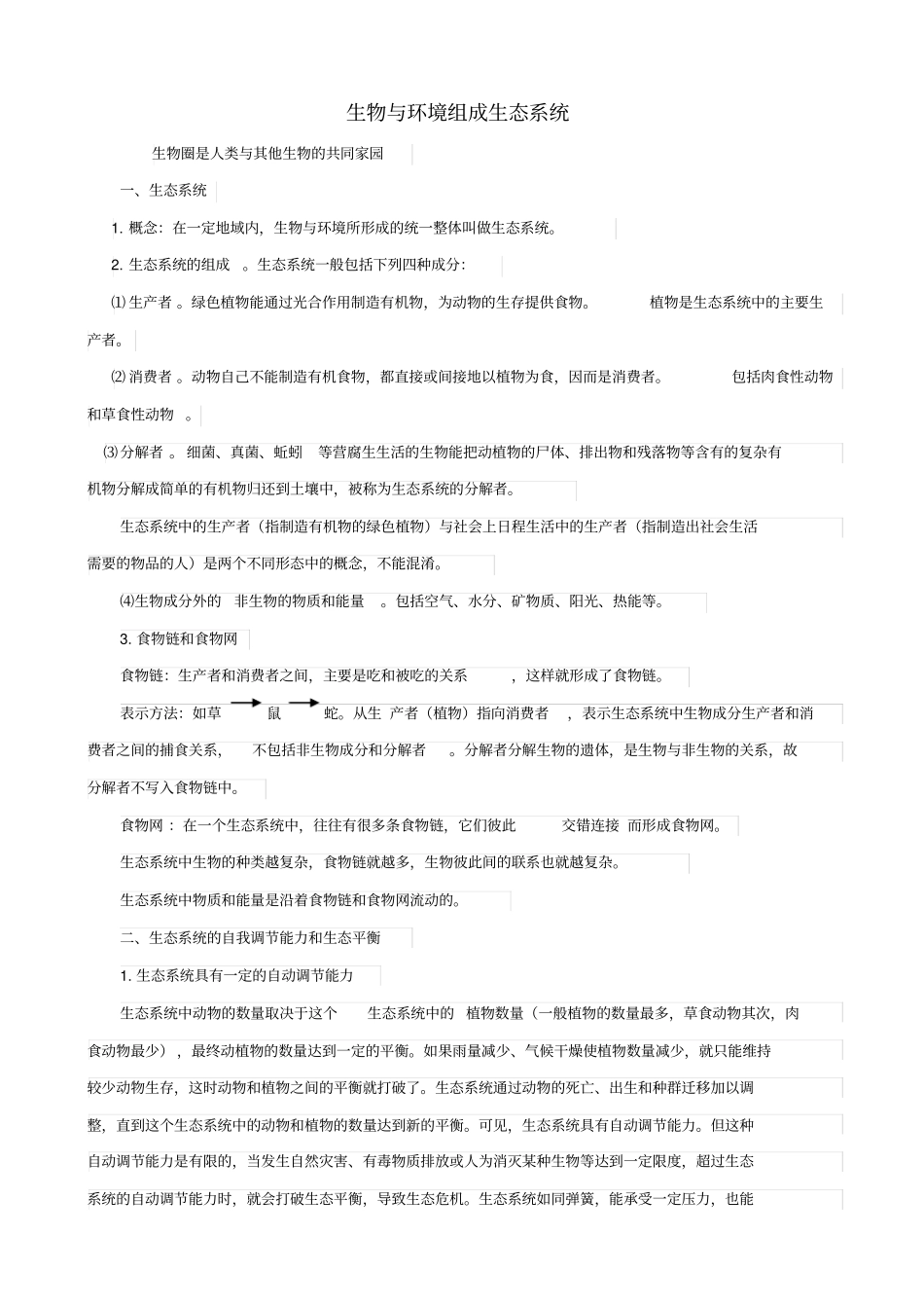 人教版2019届中考生物复习：生物与环境组成生态系统_知识点总结_第1页