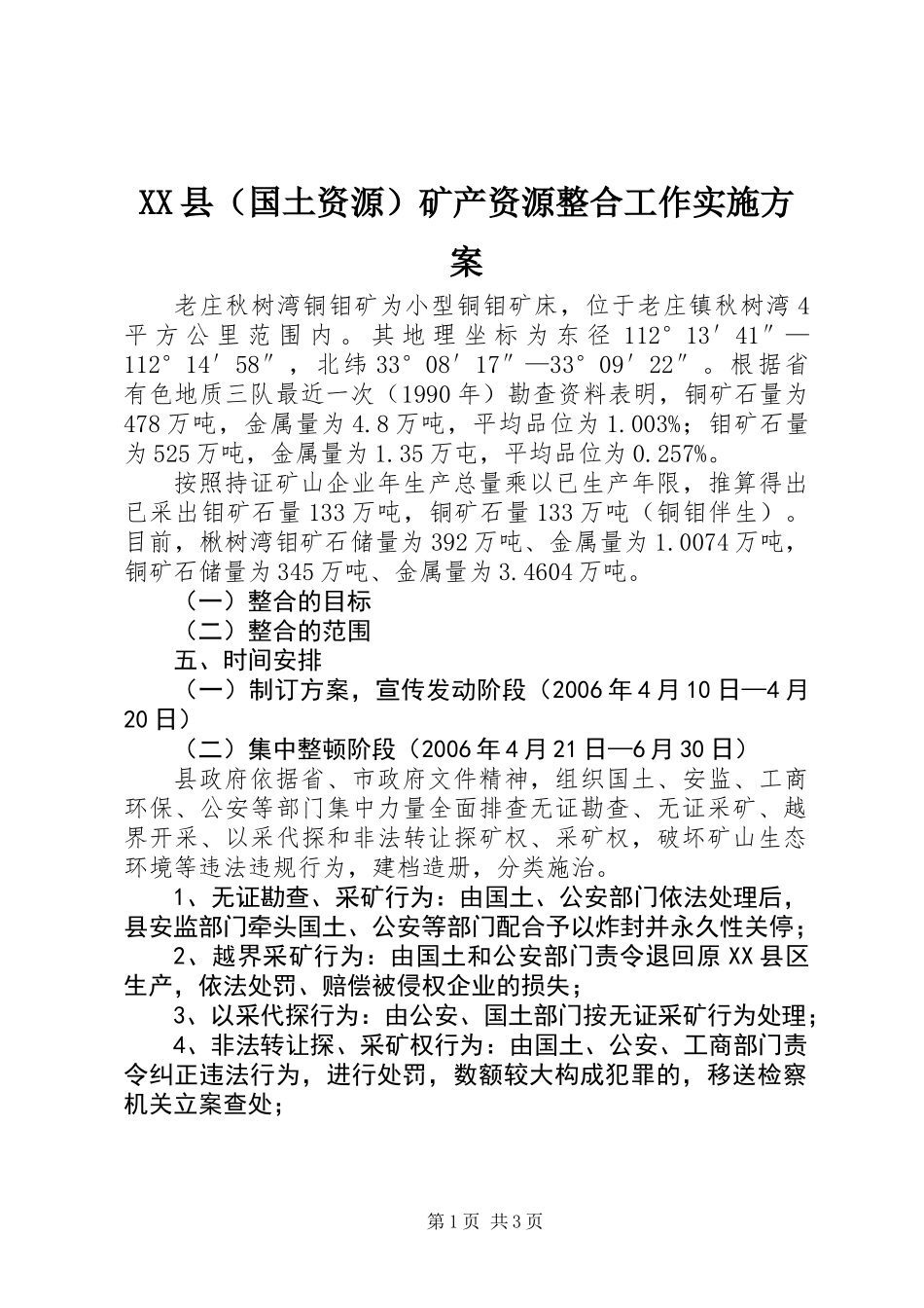 XX县(国土资源)矿产资源整合工作实施方案_第1页