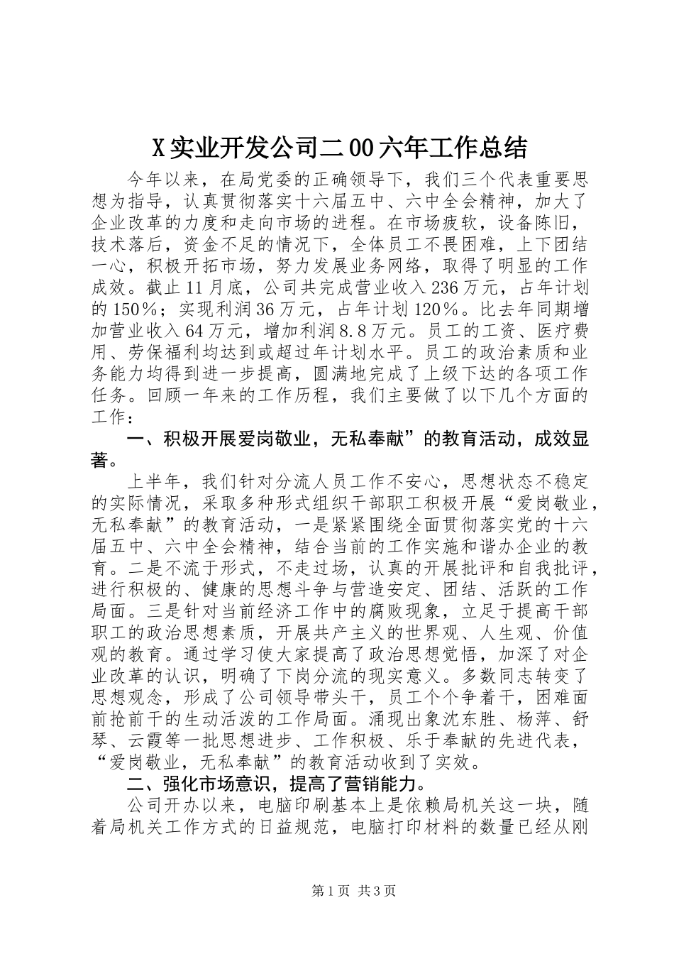 X实业开发公司二00六年工作总结_第1页