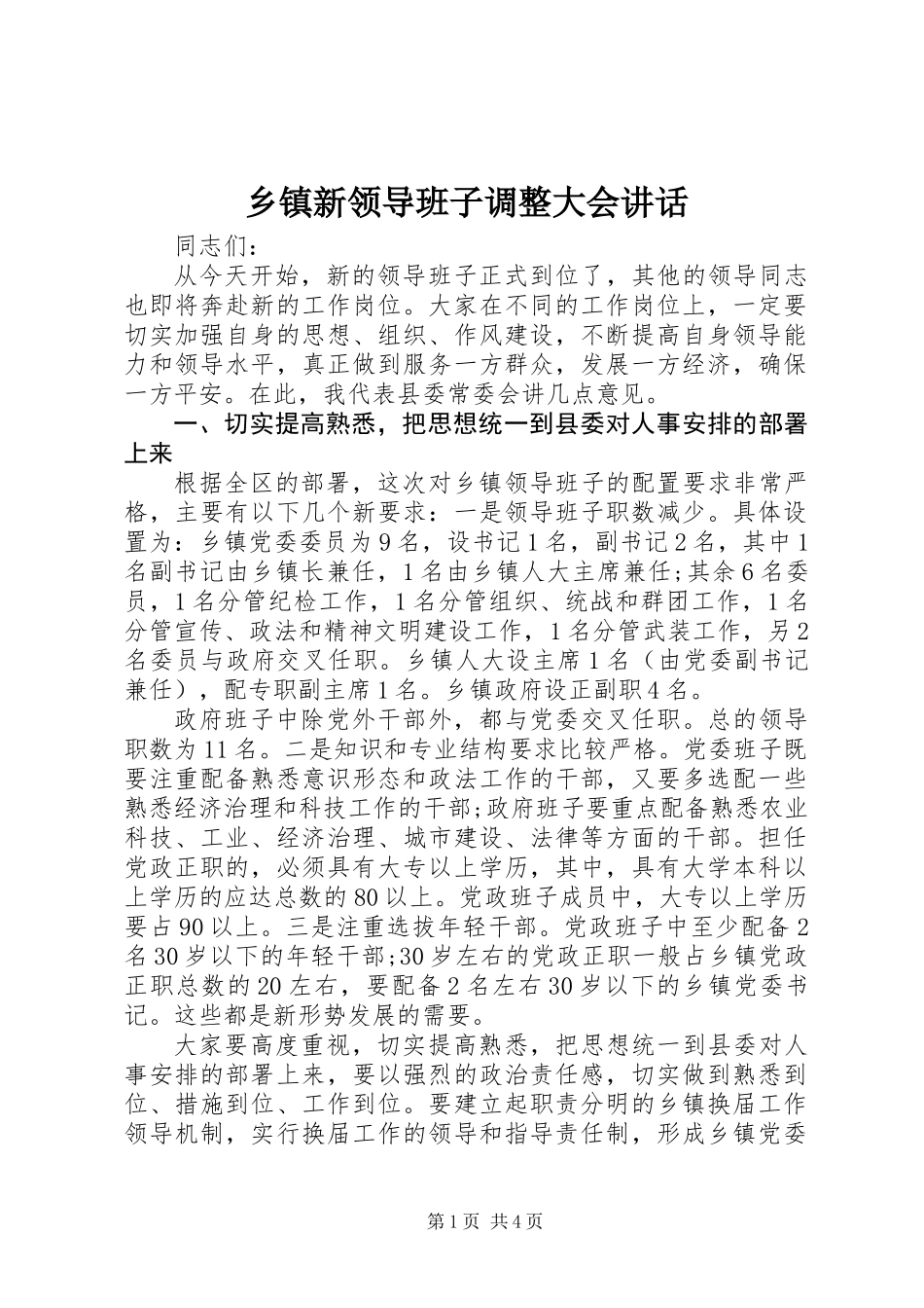 乡镇新领导班子调整大会讲话_第1页