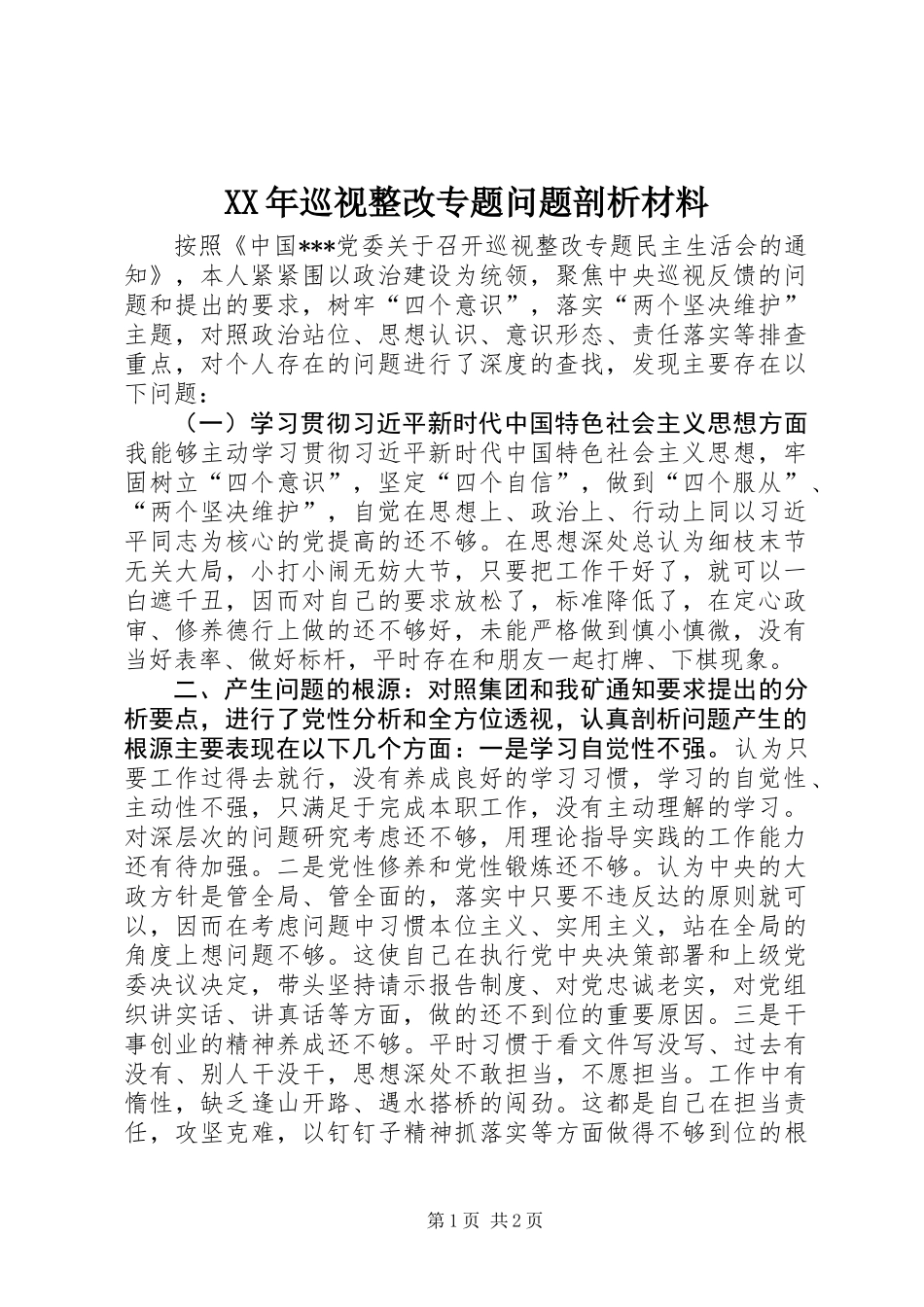 XX年巡视整改专题问题剖析材料_第1页
