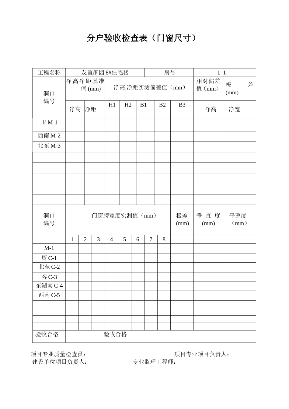 住宅主体工程质量专门验收检查表(室内净空尺寸)_第1页