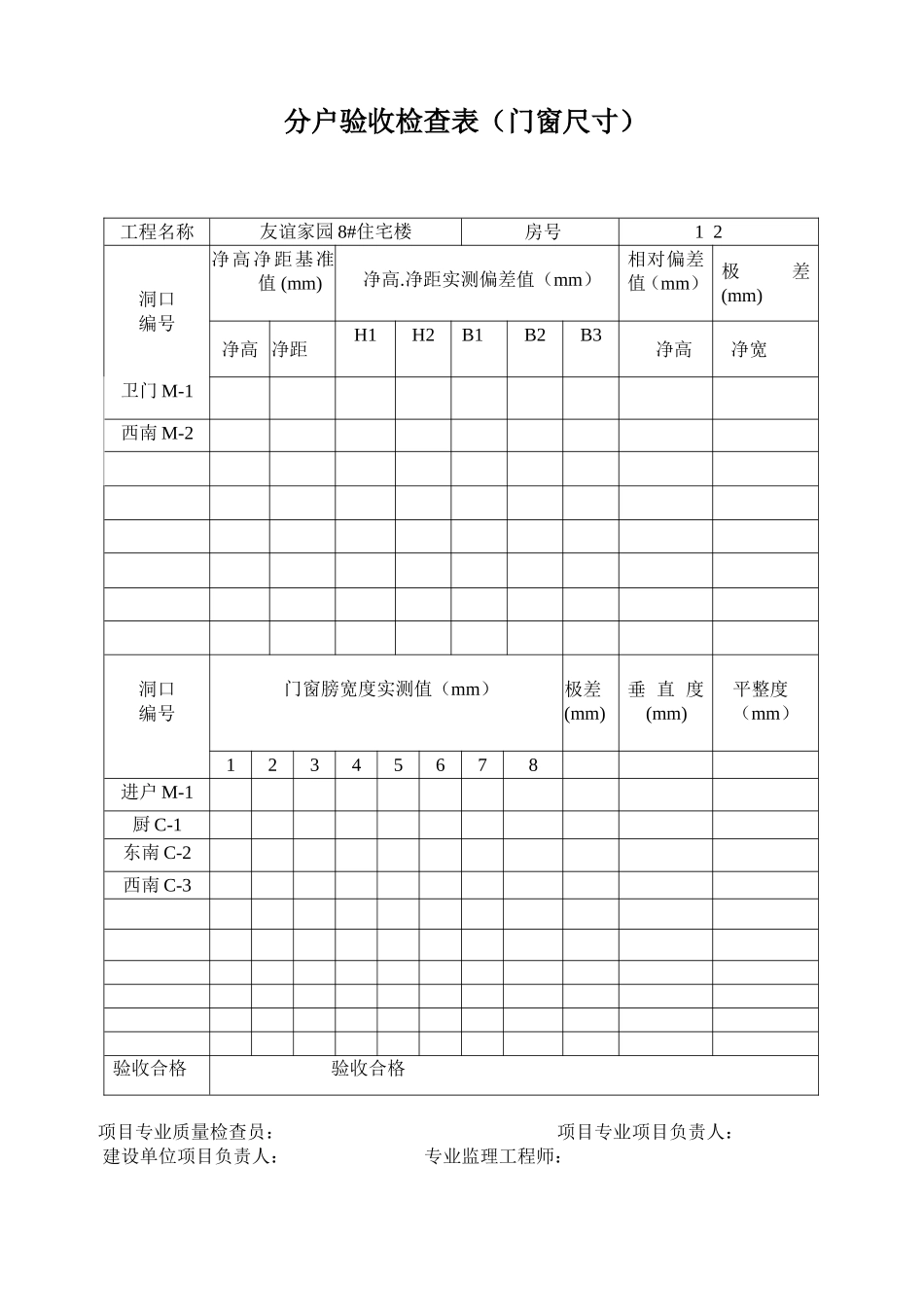 住宅主体工程质量专门验收检查表(室内净空尺寸)_第2页