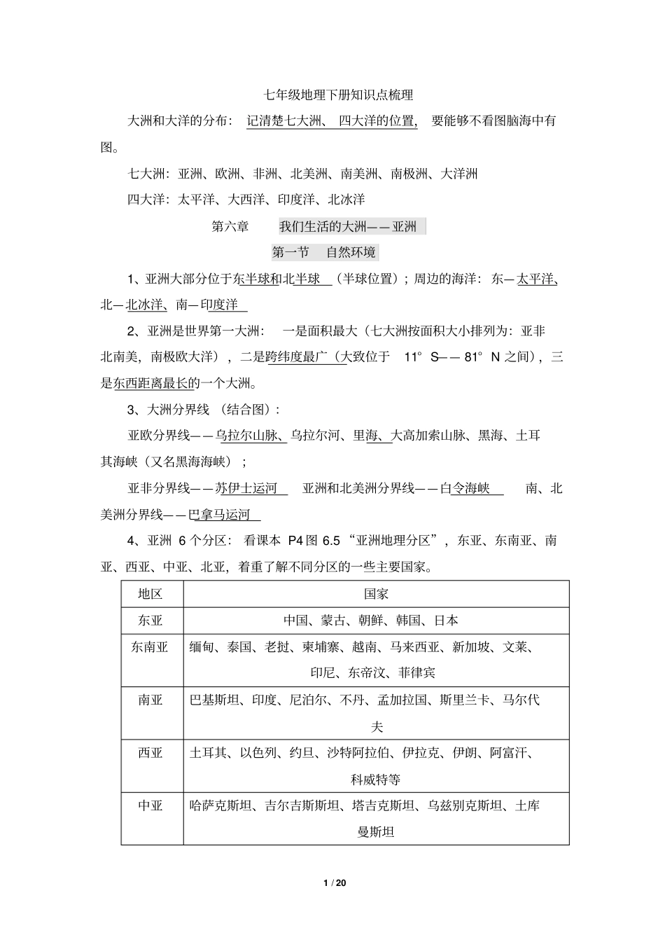 人教版七年级地理下册知识点梳理_第1页
