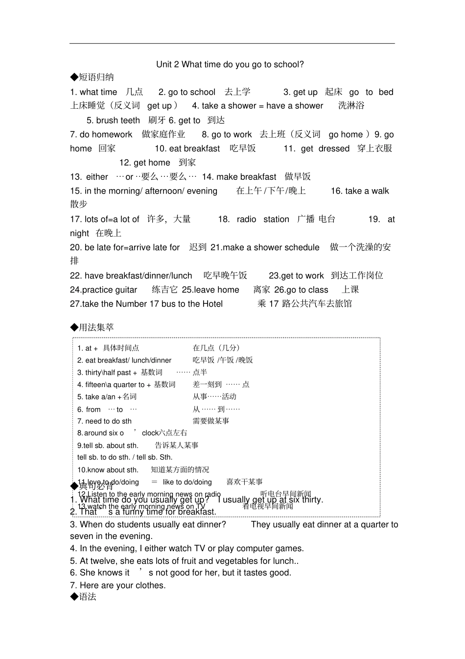 人教版七年级英语下册Unit2Whattimedoyougotoschool知识点归纳总结_第1页