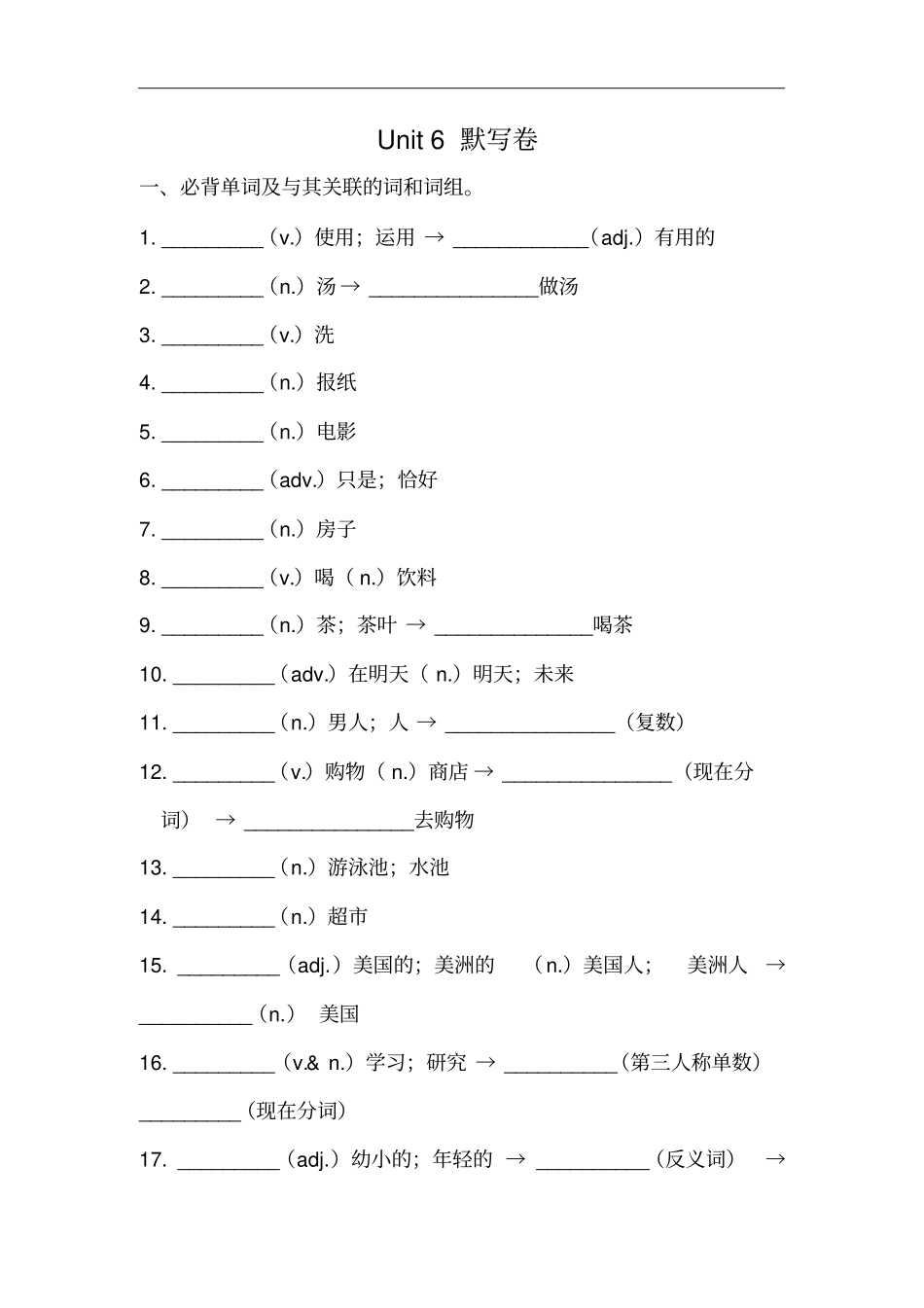 人教版七年级英语下册Unit6必背词汇、短语、句子听写默写卷有答案_第1页