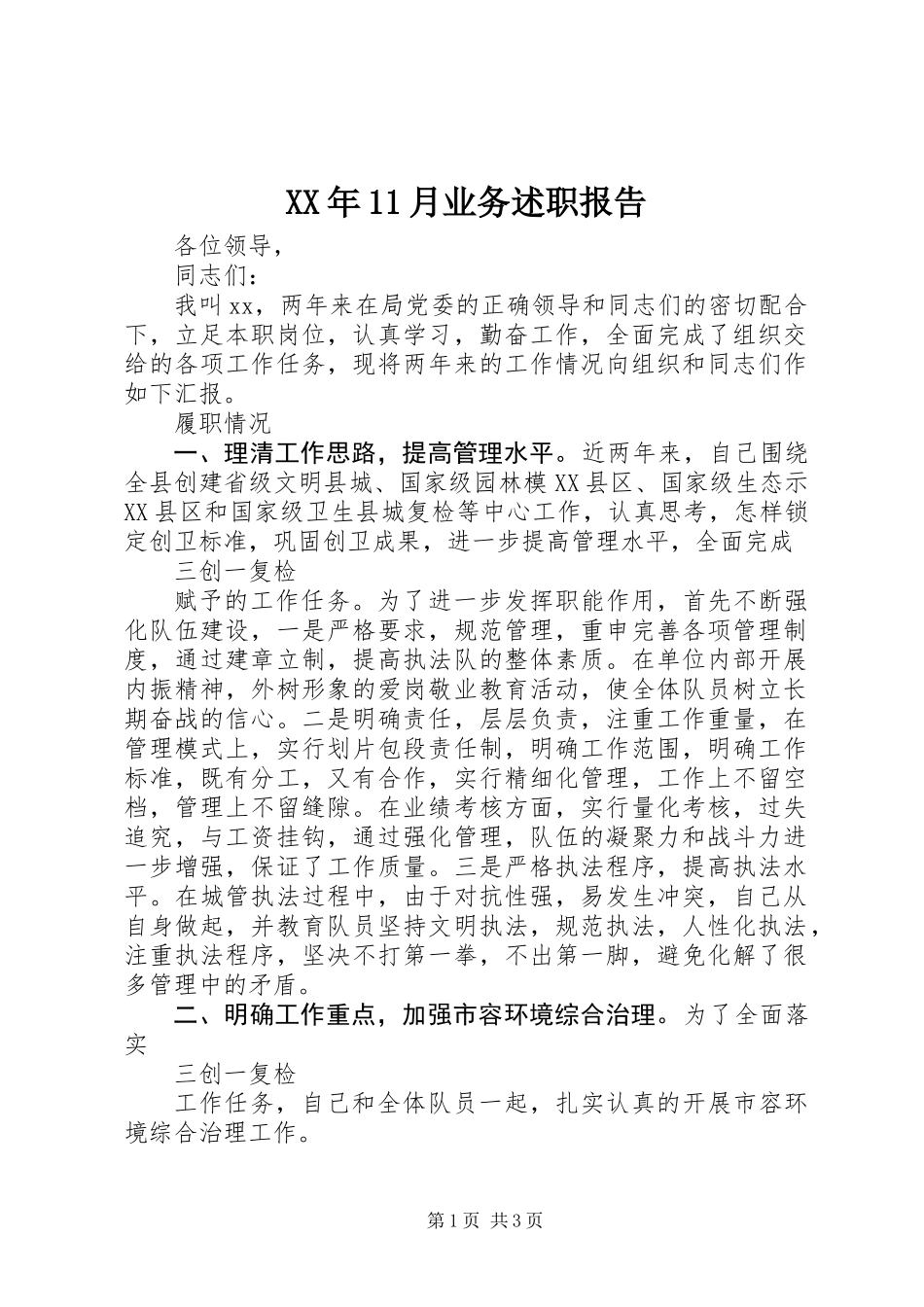 XX年11月业务述职报告_第1页