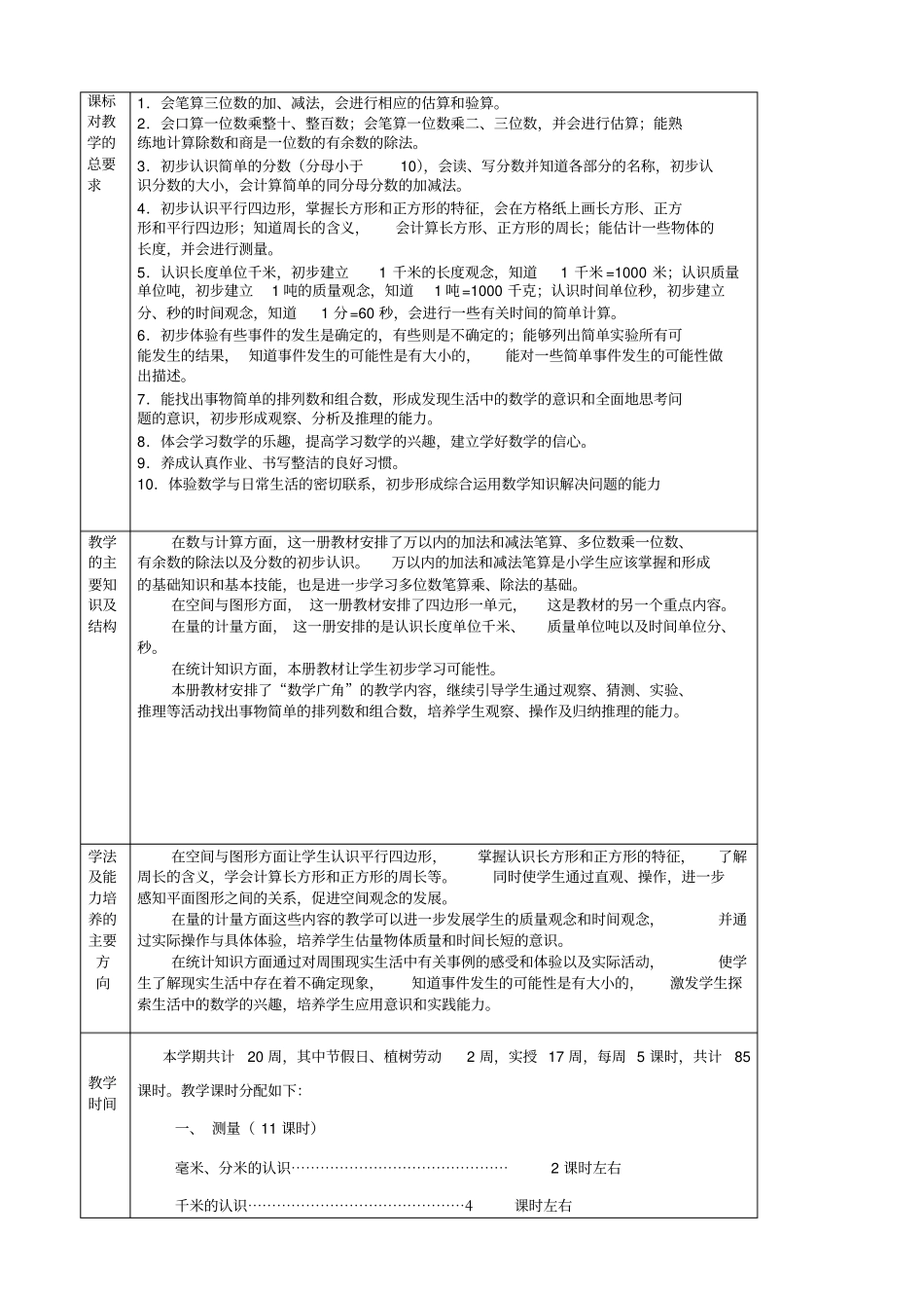 人教版三年级上册数学教学进度计划_第2页