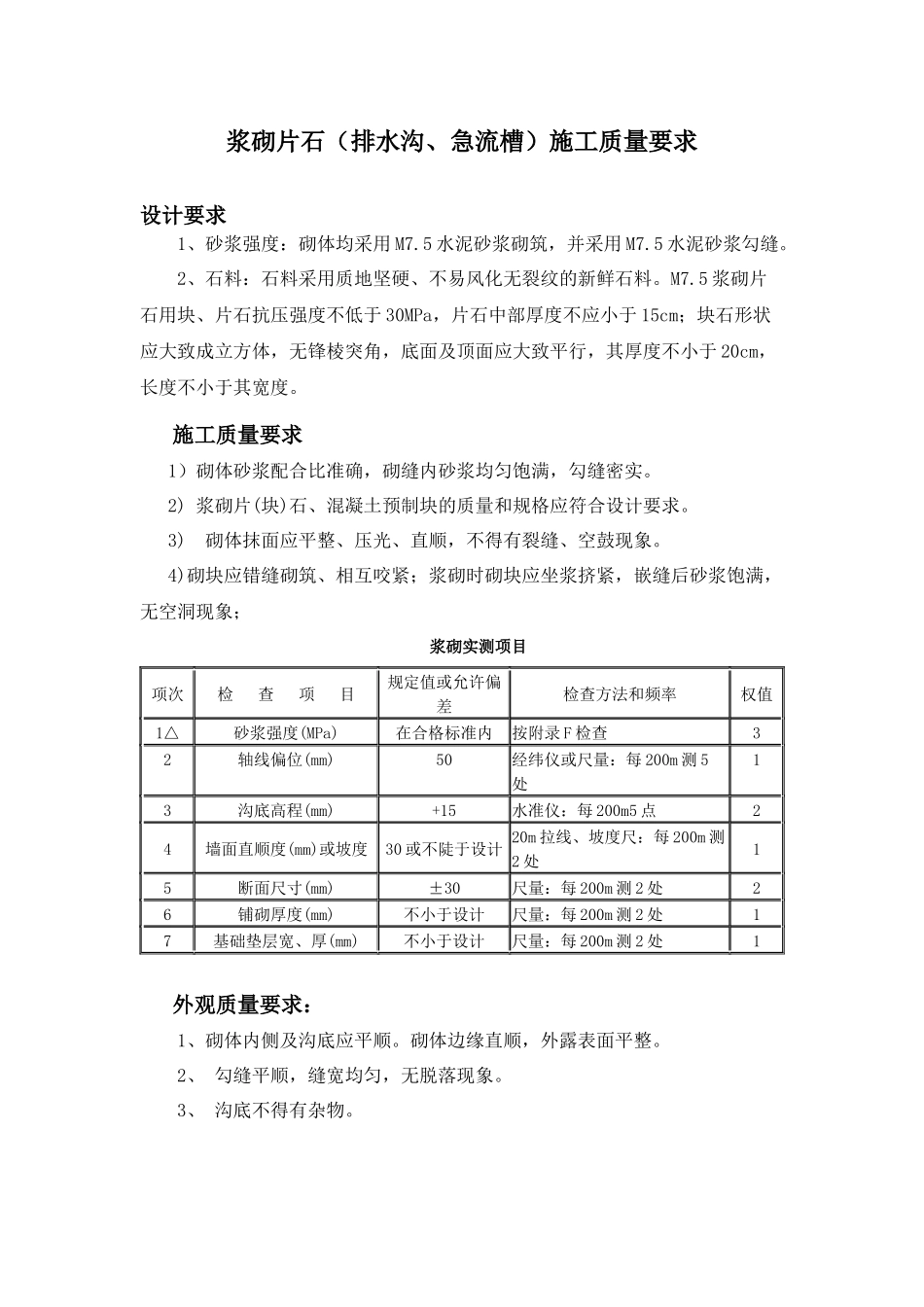 浆砌片石(排水沟、急流槽)施工质量要求_第1页