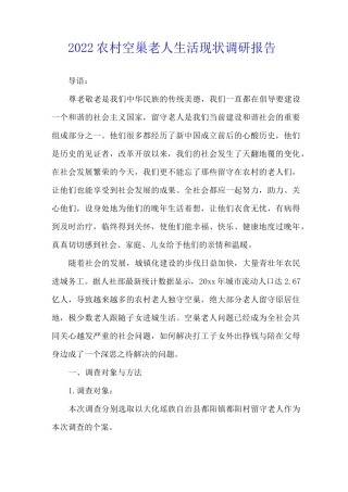 2022农村空巢老人生活现状调研报告